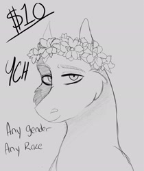 Size: 1723x2048 | Tagged: safe, artist:inisealga, commission, flower, flower in hair, gray background, grayscale, monochrome, simple background, ych example, ych sketch, your character here