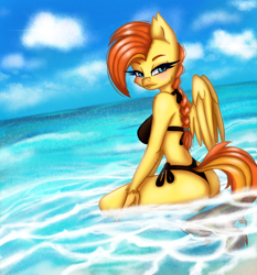 Size: 1080x1160 | Tagged: safe, artist:agleo, oc, oc only, oc:goldenflow, classical hippogriff, hippogriff, anthro, ass, beach, bikini, blushing, braid, butt, clothes, detailed background, female, hair tie, implied tail hole, kneeling, looking at you, solo, swimsuit, tail, water, wings