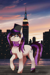 Size: 1000x1500 | Tagged: safe, artist:kingprobby, oc, oc only, oc:bowtie, earth pony, pony, bowtie, city, female, hat, mare, solo, top hat