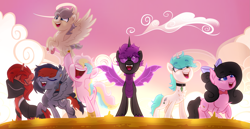 Size: 3051x1570 | Tagged: safe, artist:thatonefluffs, oc, oc:downfall, oc:elytra, oc:funfetti, oc:lightning flower, oc:moonlight, oc:steel skull, oc:vanilla breeze, changeling, earth pony, pegasus, pony, unicorn, g5, my little pony: a new generation, bandana, base used, freckles, holeless, purple changeling, smiling, unshorn fetlocks