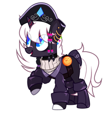 Size: 2286x2520 | Tagged: safe, artist:idkhesoff, derpibooru exclusive, oc, oc only, oc:diamond doubloon, pony, unicorn, belt, boots, clothes, coat, ear piercing, earring, eyeshadow, female, hat, high res, jewelry, makeup, mare, markings, open mouth, piercing, pirate, pirate hat, raised hoof, scar, shirt, shoes, simple background, solo, sweater, transparent background