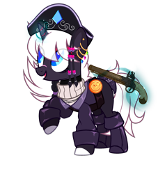 Size: 2286x2520 | Tagged: safe, artist:idkhesoff, derpibooru exclusive, oc, oc only, oc:diamond doubloon, pony, unicorn, belt, boots, clothes, coat, ear piercing, earring, eyeshadow, female, flintlock, glowing, glowing horn, gun, handgun, hat, high res, horn, jewelry, levitation, magic, makeup, mare, markings, open mouth, piercing, pirate, pirate hat, pistol, raised hoof, scar, shirt, shoes, simple background, solo, sweater, telekinesis, transparent background