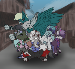 Size: 900x831 | Tagged: safe, artist:zoeandlodar, oc, oc only, earth pony, griffon, pegasus, pony, unicorn, ashes town, fallout equestria, female, male, mare, stallion