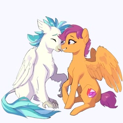 Size: 1500x1500 | Tagged: safe, artist:ashtodusk, scootaloo, terramar, hippogriff, pegasus, pony, g4, commission, cute, duo, eyes closed, female, love, male, mare, nuzzling, older, older scootaloo, older terramar, ship:terraloo, shipping, simple background, sitting, straight, white background