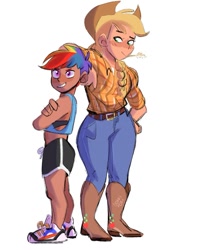 Size: 947x1197 | Tagged: safe, artist:ashtodusk, applejack, rainbow dash, human, g4, applejack's hat, belt, boots, clothes, cowboy boots, cowboy hat, crossed arms, dark skin, duo, female, flannel, grin, hat, height difference, humanized, jeans, lesbian, pants, ship:appledash, shipping, shoes, shorts, simple background, size difference, smiling, smoldash, sneakers, sports bra, sports shorts, straw in mouth, tank top, white background