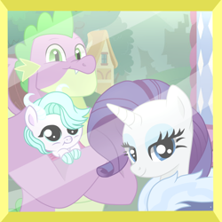 Size: 1000x1000 | Tagged: safe, artist:snowwind69, rarity, spike, oc, oc:emerald turquoise, dracony, dragon, hybrid, pony, unicorn, g4, the last problem, base used, eyeshadow, family, female, filly, foal, gigachad spike, interspecies offspring, lidded eyes, looking at you, makeup, male, mama rarity, mare, offspring, older, older spike, papa spike, parent:rarity, parent:spike, parents:sparity, photo, ship:sparity, shipping, straight, trio, winged spike, wings