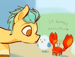 Size: 1989x1518 | Tagged: safe, artist:noupu, hitch trailblazer, mcsnips-a-lot, bird, crab, earth pony, pony, seagull, g5, cute, dialogue, hitchbetes, looking at each other, looking at someone, male, stallion