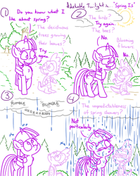 Size: 4779x6013 | Tagged: safe, artist:adorkabletwilightandfriends, spike, spring rain, twilight sparkle, alicorn, dragon, pony, comic:adorkable twilight and friends, g4, adorkable, adorkable twilight, cloud, cloudy, comic, conversation, cute, dork, forest, happy, path, rain, showers, silly, slice of life, spikabetes, spring, thunder, tree, twiabetes, twilight sparkle (alicorn), wet, wet mane