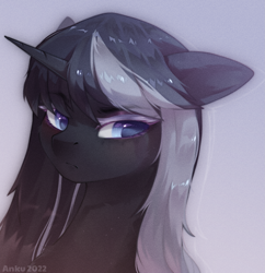 Size: 1935x2000 | Tagged: safe, artist:anku, oc, oc only, unnamed oc, pony, unicorn, blushing, bust, colored eyelashes, colored pupils, commission, eyebrows, eyebrows visible through hair, eyeshadow, frown, gradient background, horn, makeup, noise, portrait, signature, solo, two toned mane, unicorn oc, white eyelashes