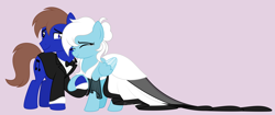 Size: 5058x2128 | Tagged: safe, artist:feather_bloom, oc, oc:blue_skies, oc:feather bloom(fb), oc:feather_bloom, earth pony, pegasus, pony, bowtie, clothes, couple, crying, dress, duo, hair bun, happy, holding hooves, in love, love, marriage, simple background, tears of joy, tuxedo, wedding, wedding dress
