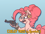 Size: 1318x989 | Tagged: safe, artist:cowsrtasty, pinkie pie, earth pony, pony, g4, beauty mark, blue background, delet this, ear piercing, earring, equus-477, female, gun, handgun, hooped earrings, implied spanish, jewelry, latina pinkie pie, mare, meme, mole, open mouth, piercing, revolver, rope, simple background, solo, subtitles, weapon