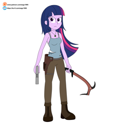 Size: 4401x4753 | Tagged: safe, artist:eagc7, twilight sparkle, human, equestria girls, g4, absurd resolution, bare shoulders, boots, clothes, eyebrows, female, frown, gun, handgun, ice axe, jewelry, ko-fi, lara croft, looking at you, necklace, patreon, patreon reward, pistol, shoes, signature, simple background, sleeveless, solo, tank top, tomb raider, torn clothes, twilight sparkle (alicorn), weapon, white background