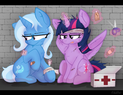 Size: 1150x886 | Tagged: safe, artist:malachimoet, trixie, twilight sparkle, alicorn, pony, unicorn, g4, bandage, blood, helping, medkit, messy mane, twilight sparkle (alicorn)