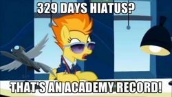 Size: 500x281 | Tagged: safe, edit, edited screencap, screencap, spitfire, pegasus, pony, g4, season 5, wonderbolts academy, academy record, caption, clothes, desk, desk lamp, female, hiatus, image macro, impact font, lamp, meme, necktie, slowpoke, solo, spitfire's office, spitfire's tie, sunglasses, text, uniform, wonderbolts dress uniform