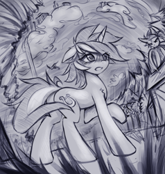 Size: 2053x2160 | Tagged: safe, artist:fajeh, lyra heartstrings, bat pony, pony, unicorn, g4, cloud, ear fluff, eye clipping through hair, eyebrows, eyebrows visible through hair, female, floppy ears, high res, mare, monochrome, sketch, tornado