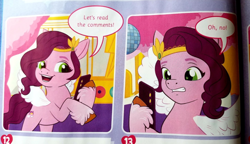 Size: 986x567 | Tagged: safe, pipp petals, pegasus, pony, comic:the rehearsal, g5, my little pony: a new generation, bad idea, bipedal, cellphone, comic, comments, cropped, female, hoof hold, magazine scan, mare, phone, reaction image, smartphone, solo