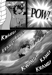 Size: 790x1131 | Tagged: safe, artist:vavacung, king sombra, tianhuo (tfh), dragon, hybrid, longma, pony, unicorn, comic:crossover story, comic:crossover story 3, them's fightin' herds, g4, breath, comic, community related, crash, crossover, female, grayscale, male, monochrome, onomatopoeia, panting, rolling, sound effects, stallion, tumbling