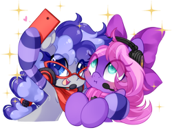 Size: 1434x1081 | Tagged: safe, artist:loyaldis, oc, oc only, oc:cinnabyte, oc:lillybit, pony, :d, :i, adorkable, bow, cellphone, cinnabetes, clothes, cute, dork, duo, gaming headset, glasses, headphones, headset, open mouth, open smile, phone, ribbon, scarf, selfie, simple background, smartphone, smiling, socks, striped socks, transparent background