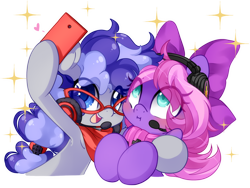 Size: 1434x1081 | Tagged: safe, alternate version, artist:loyaldis, oc, oc only, oc:cinnabyte, oc:lillybit, pony, :d, :i, adorkable, bow, cellphone, cinnabetes, clothes, cute, dork, duo, gaming headset, glasses, headphones, headset, open mouth, open smile, phone, ribbon, scarf, selfie, simple background, smartphone, smiling, transparent background