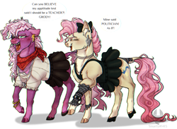 Size: 1280x935 | Tagged: safe, artist:notsosmartsmarty, cheerilee, mayor mare, earth pony, pony, g4, neigh anything, spoiler:comic, spoiler:comic11, 80s, 80s cheerilee, 80s mayor mare, alternate hairstyle, braces, clothes, colored, dress, duo, duo female, eyes closed, female, full body, jewelry, mare, non-dyed mayor, redraw, scene interpretation, shading, shadow, simple background, skirt, speech bubble, teenager, text, transparent background, walking, younger