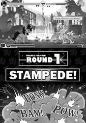 Size: 790x1131 | Tagged: safe, artist:vavacung, king sombra, tianhuo (tfh), dragon, hybrid, longma, pony, unicorn, comic:crossover story, comic:crossover story 3, fighting is magic, them's fightin' herds, g4, ball of violence, comic, community related, crossover, female, fight, fighting game, fighting stance, grayscale, health bars, huoshan, male, monochrome, mythology gag, stallion, video game