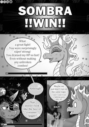 Size: 790x1131 | Tagged: safe, artist:vavacung, king sombra, tianhuo (tfh), dragon, hybrid, longma, pony, unicorn, comic:crossover story, comic:crossover story 3, them's fightin' herds, g4, aftermath, bandaid, breaking the fourth wall, bump, comic, community related, crossover, female, giggling, grayscale, healing, health bars, magic, male, monochrome, post fight, stallion, surprised, video game