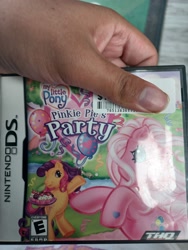 Size: 3000x4000 | Tagged: safe, pinkie pie (g3), scootaloo (g3), earth pony, human, pony, g3, box art, hand on hip, irl, irl human, nintendo, nintendo ds, photo, price tag, video game