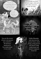 Size: 790x1131 | Tagged: safe, artist:vavacung, fhtng th§ ¿nsp§kbl, king sombra, oleander (tfh), tianhuo (tfh), classical unicorn, demon, dragon, hybrid, longma, pony, unicorn, comic:crossover story, comic:crossover story 3, them's fightin' herds, g4, blushing, book, cloven hooves, comic, community related, crossover, crystal, dark magic, female, grayscale, horn, leonine tail, magic, male, monochrome, sombra eyes, stallion, tail, unicornomicon, unshorn fetlocks