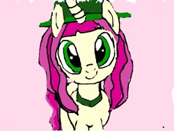 Size: 1024x768 | Tagged: artist needed, safe, artist:ella elixir, oc, oc only, oc:ella elixir, unicorn, base used, collar, female, green eyes, hat, looking at you, mare, peach coat, pink background, pink mane, simple background, smiling, smiling at you, story included, top hat