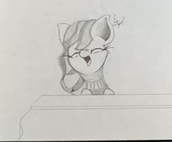 Size: 1998x1658 | Tagged: safe, artist:engi, coloratura, earth pony, pony, the mane attraction, clothes, eyes closed, female, musical instrument, open mouth, pencil drawing, piano, simple background, solo, traditional art