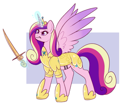 Size: 1013x882 | Tagged: safe, artist:lulubell, princess cadance, alicorn, pony, g4, armor, colored wings, crown, eyeshadow, fantasy class, female, frown, glowing, glowing horn, gradient wings, gritted teeth, hoof shoes, horn, jewelry, lavender background, levitation, lyrics in the description, magic, magic aura, makeup, mare, passepartout, regalia, simple background, solo, spread wings, standing, sword, teeth, telekinesis, tiara, warrior, warrior cadance, weapon, wings