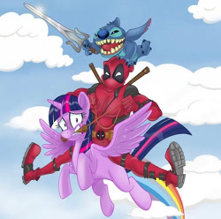 Size: 750x744 | Tagged: safe, artist:richietoons, twilight sparkle, alicorn, alien, human, pony, g4, cloud, crossover, deadpool, double riding, female, flying, frown, he-man and the masters of the universe, help me, humans riding ponies, lilo and stitch, male, mare, marvel, open mouth, open smile, power sword, riding, riding a pony, sky, smiling, spread wings, sword, trio, twilight sparkle (alicorn), weapon, wings