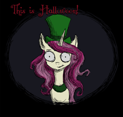 Size: 1020x973 | Tagged: safe, artist:alorix, oc, oc only, oc:ella elixir, pony, unicorn, collar, crossover, hat, not roseluck, peach coat, pink mane, simple background, the nightmare before christmas, top hat