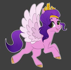 Size: 725x717 | Tagged: safe, artist:13_cleric, pipp petals, pegasus, pony, g5, crown, eye clipping through hair, eyebrows, eyebrows visible through hair, female, gray background, jewelry, mare, open mouth, open smile, outline, regalia, simple background, smiling, solo, spread wings, white outline, wings