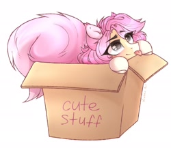 Size: 2048x1775 | Tagged: safe, artist:kreteen art, oc, oc only, oc:alina, pony, :p, box, cute, gift art, pet, pony in a box, simple background, solo, tongue out, white background