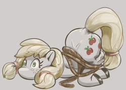 Size: 2378x1702 | Tagged: safe, artist:applephil, applejack, earth pony, pony, g4, applebutt, butt, face down ass up, female, gray background, hatless, mare, missing accessory, plot, rope, silly, silly pony, simple background, solo, tangled up, tied up, who's a silly pony
