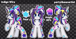 Size: 4000x2066 | Tagged: safe, artist:partypievt, oc, oc only, oc:indigo wire, pony, unicorn, eye clipping through hair, eyebrows, eyebrows visible through hair, facial markings, ponytail, reference sheet, solo