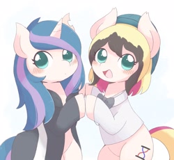 Size: 1947x1794 | Tagged: safe, artist:ginmaruxx, oc, oc only, earth pony, pony, unicorn, blushing, bowtie, clothes, cute, duo, duo female, female, hat, holding hooves, horn, jacket, looking at you, mare, ocbetes, open mouth, open smile, simple background, smiling, smiling at you, torn ear, white background