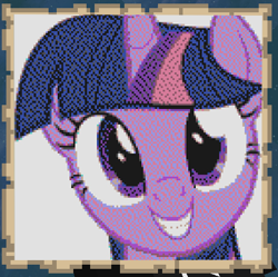 Size: 447x446 | Tagged: safe, artist:twedis, twilight sparkle, pony, unicorn, g4, 2b2t, beautiful, bust, eyelashes, female, game screencap, looking at you, mare, minecraft, minecraft pixel art, open mouth, pixel art, portrait, simple background, smiling, solo, teeth