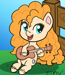 Size: 867x1000 | Tagged: safe, artist:empyu, pear butter, earth pony, pony, g4, g4.5, 30 minute art challenge, female, g4 to g4.5, generation leap, guitar, looking at you, mare, musical instrument, open mouth, solo
