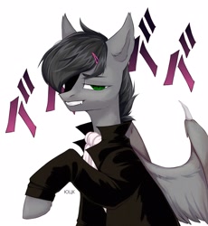 Size: 1987x2160 | Tagged: source needed, safe, artist:aay41x, oc, oc only, oc:dante fly, hybrid, pony, vampire, fangs, hairpin, half bat pony, jabot, male, simple background, solo, tailcoat, white background