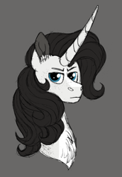 Size: 1853x2691 | Tagged: safe, artist:queenderpyturtle, oc, oc:hightower, pony, unicorn, bust, gray background, male, neo noir, partial color, portrait, simple background, solo, stallion