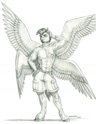 Size: 1000x1285 | Tagged: safe, artist:baron engel, oc, oc only, oc:angel, pegasus, anthro, unguligrade anthro, clothes, colored hooves, grayscale, looking at you, majestic, male, monochrome, multiple wings, muscles, muscular male, nudity, partial nudity, pencil drawing, pose, scar, short hair, shorts, simple background, smiling, smirk, solo, spread wings, story included, topless, traditional art, unshorn fetlocks, vein, white background, wings
