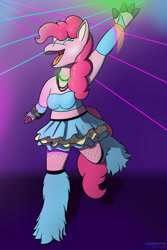 Size: 1400x2100 | Tagged: safe, artist:passionpanther, pinkie pie, earth pony, anthro, series:plur is magic, g4, breasts, clothes, dancing, eyes closed, finger hooves, fishnet stockings, leg warmers, open mouth, open smile, party, rah rah skirt, rave, skirt, smiling, solo, tube top