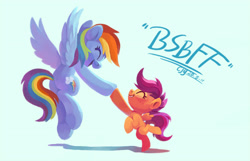 Size: 2833x1821 | Tagged: safe, artist:drtuo4, part of a set, rainbow dash, scootaloo, pegasus, pony, bsbff, cute, cutealoo, eyes closed, female, filly, foal, happy, hoofbump, mare, scootalove, siblings, simple background, sisters