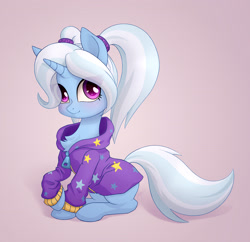 Size: 3200x3100 | Tagged: safe, artist:zetamad, trixie, pony, unicorn, abstract background, alternate hairstyle, babysitter trixie, chest fluff, clothes, cute, diatrixes, eyelashes, female, gameloft, gameloft interpretation, hoodie, horn, mare, pigtails, sitting, solo, stars, tail, twintails, zipper