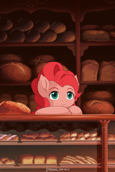 Size: 1600x2400 | Tagged: safe, alternate version, artist:symbianl, pinkie pie, earth pony, pony, :<, bread, female, food, frown, kiki's delivery service, mare, parody, pastry, solo