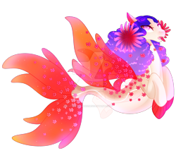 Size: 1920x1663 | Tagged: safe, artist:cupidauctions, oc, oc only, seapony (g4), colored pupils, deviantart watermark, dorsal fin, female, fin wings, fins, fish tail, flower, flower in hair, flowing tail, looking at you, mare, mermay, obtrusive watermark, open mouth, pink eyes, purple mane, red wings, simple background, solo, tail, transparent background, watermark, wings
