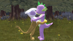 Size: 1280x720 | Tagged: safe, artist:php170, gilda, spike, dragon, griffon, g4, 3d, bipedal, blushing, cute, female, forest, gildadorable, grass, hug, interspecies, kissing, male, ship:spilda, shipping, source filmmaker, spikabetes, spikelove, straight, tree