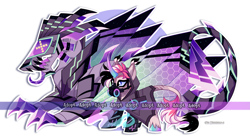 Size: 2895x1581 | Tagged: safe, artist:gkolae, oc, oc only, pony, unicorn, abstract background, adoptable, duo, gas mask, horn, leonine tail, mask, tail, unicorn oc, watermark
